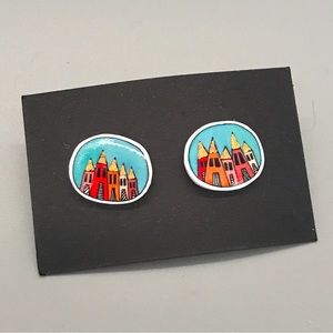NWOT Cute Handmade Post Earrings with Colorful Cityscape.